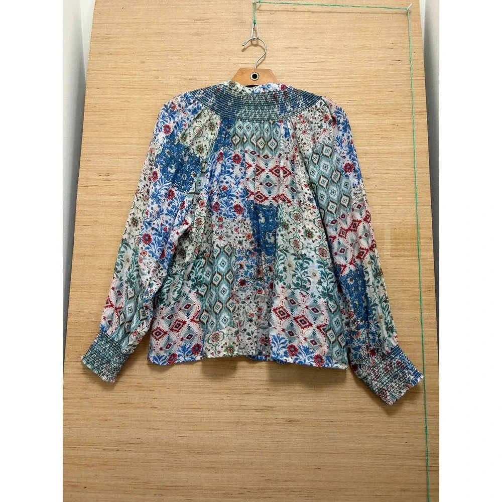 Haver & Blair London Womens Medium Patchwork Boho Smocked Button‎ Front Blouse